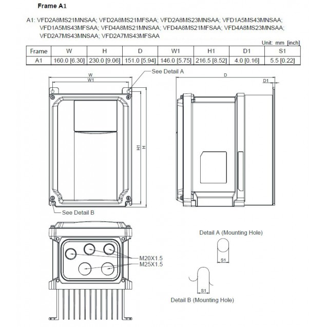 Перетворювач частоти, 3x400В, 0.75/1.1 кВт, 2.7/3.0А, ЕМС С2, IP66, VFD2A7MS43MFSAA
