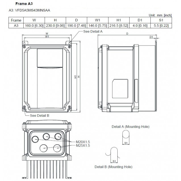 Перетворювач частоти, 3x400В, 2.2 кВт, 5.5/6.5А, ЕМС С2, IP66, VFD5A5MS43MFSAA