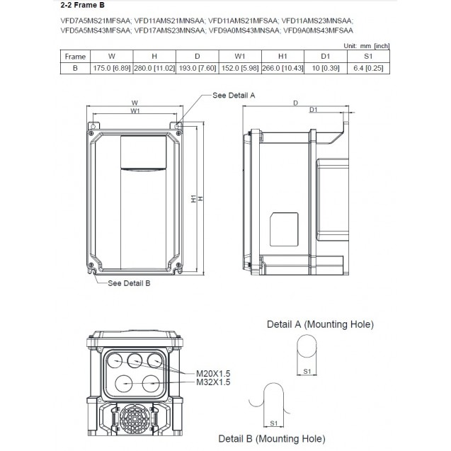Перетворювач частоти, 3x400В, 3.7/4 кВт, 9.0А, ЕМС С2, IP66, VFD9A0MS43MFSAA
