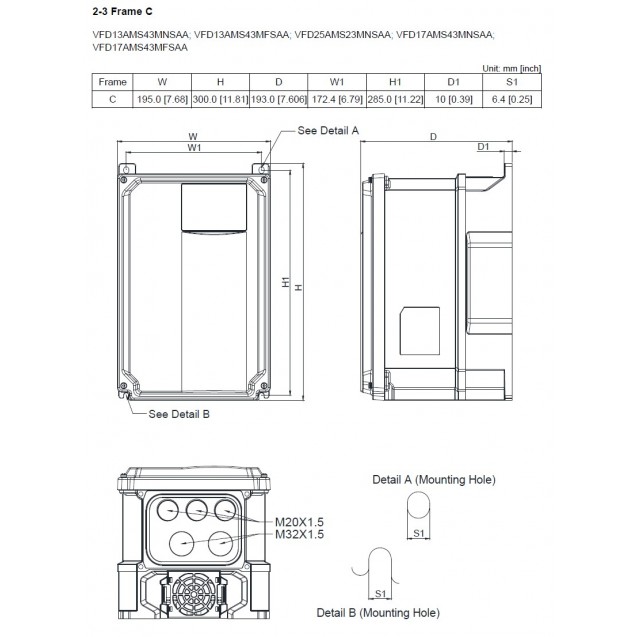 Перетворювач частоти, 3x400В, 5.5 кВт, 13/15.7А, ЕМС С2, IP66, VFD13AMS43MFSAA