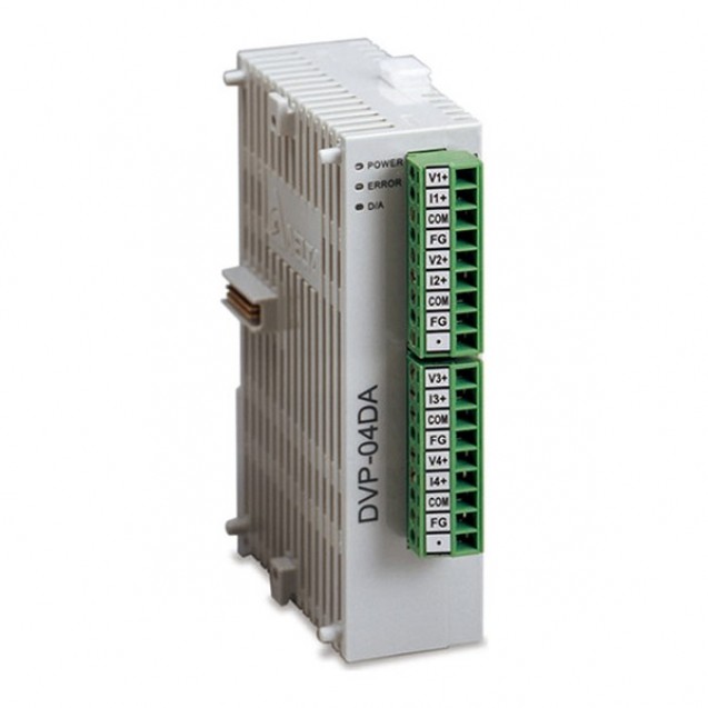 Модуль аналогового виводу: 4AO, 12bit, 24V DC , with RS485, SLIM, DVP04DA-S