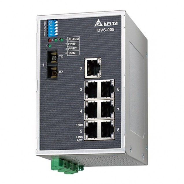 Неуправляемый коммутатор Ethernet, 8 портов, -40...+75 С, метал. корпус, с аварийным вых., многомодальный оптич. порт SC, DVS-008W01-MC01