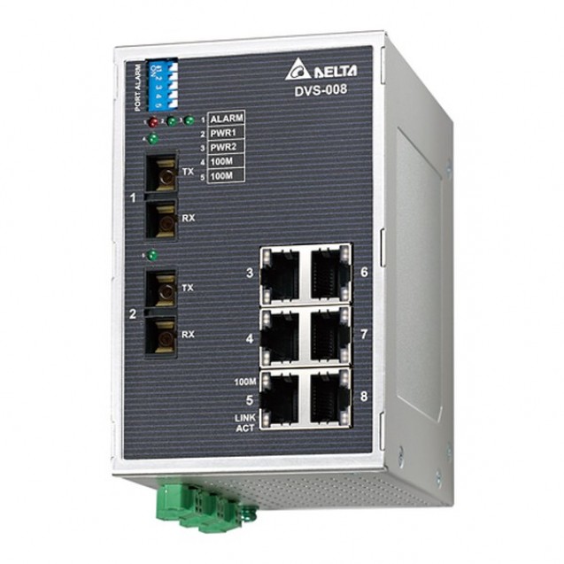 Неуправляемый коммутатор Ethernet, 8 портов, -40...+75 С, с аварийный вых., 2 многомодовых оптич. портов SC, DVS-008W01-MC02