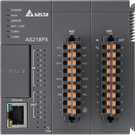Процесорний, модуль, AS200, до 32х модулів розширення, до 1024 I/O, Ethernet, USB, RS-485x2, CANopen, програмується LD, ST, CFC, SFC та С, 64К кроків, 8 DI/ 6 DO / 2 AI / 2AO, AS218PX-A