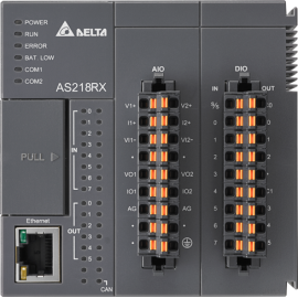 Процесорний, модуль, AS200, до 32х модулів розширення, до 1024 I/O, Ethernet, USB, RS-485x2, CANopen, програмується LD, ST, CFC, SFC та С, 64К кроків, 8 DI/ 6 DO / 2 AI / 2AO, AS218RX-A
