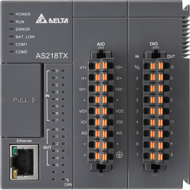 Процесорний, модуль, AS200, до 32х модулів розширення, до 1024 I/O, Ethernet, USB, RS-485x2, CANopen, програмується LD, ST, CFC, SFC та С, 64К кроків, 8 DI/ 6 DO / 2 AI / 2AO, AS218TX-A